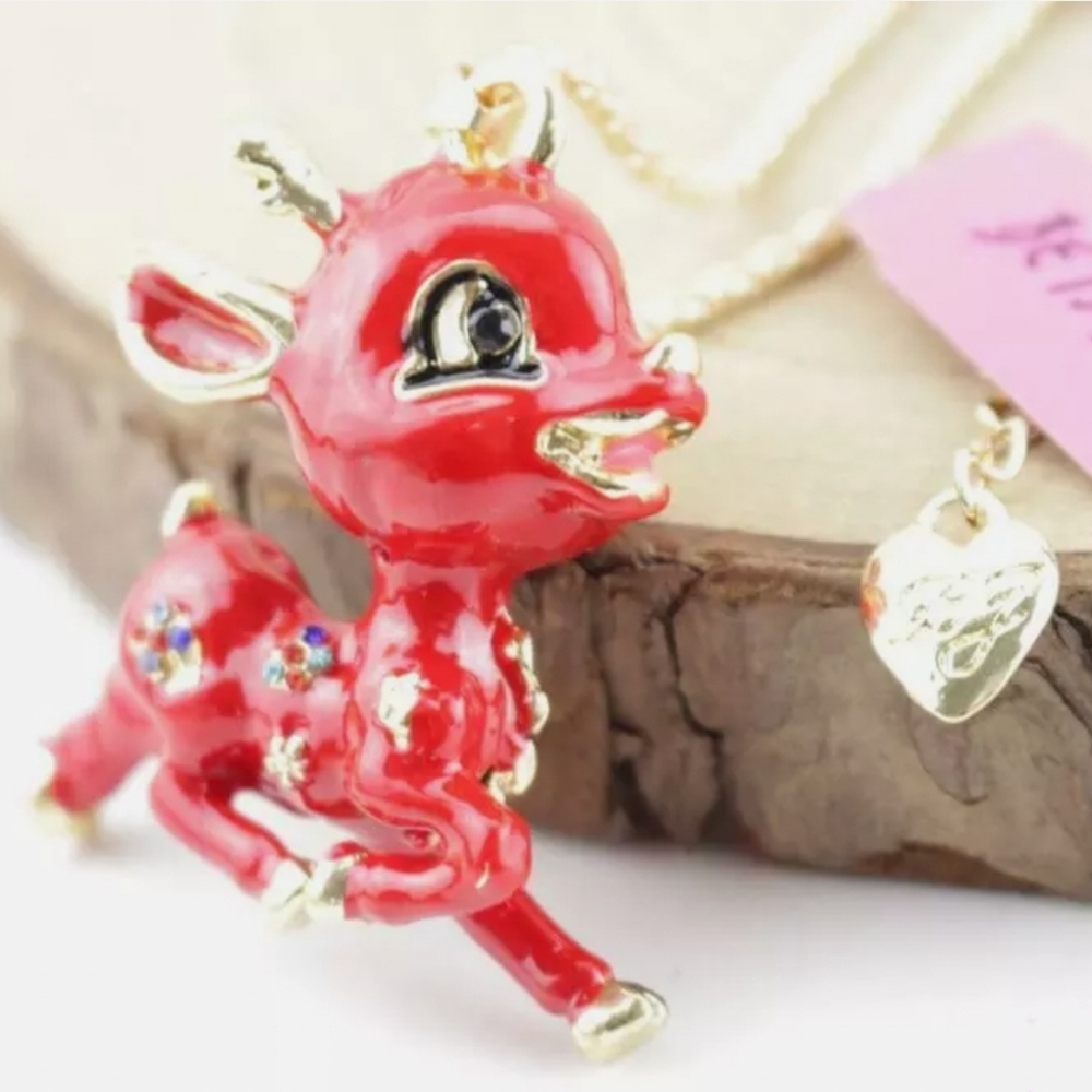 Gold-plated red multi-color Crystal reindeer necklace pendant - Picture 7 of 13